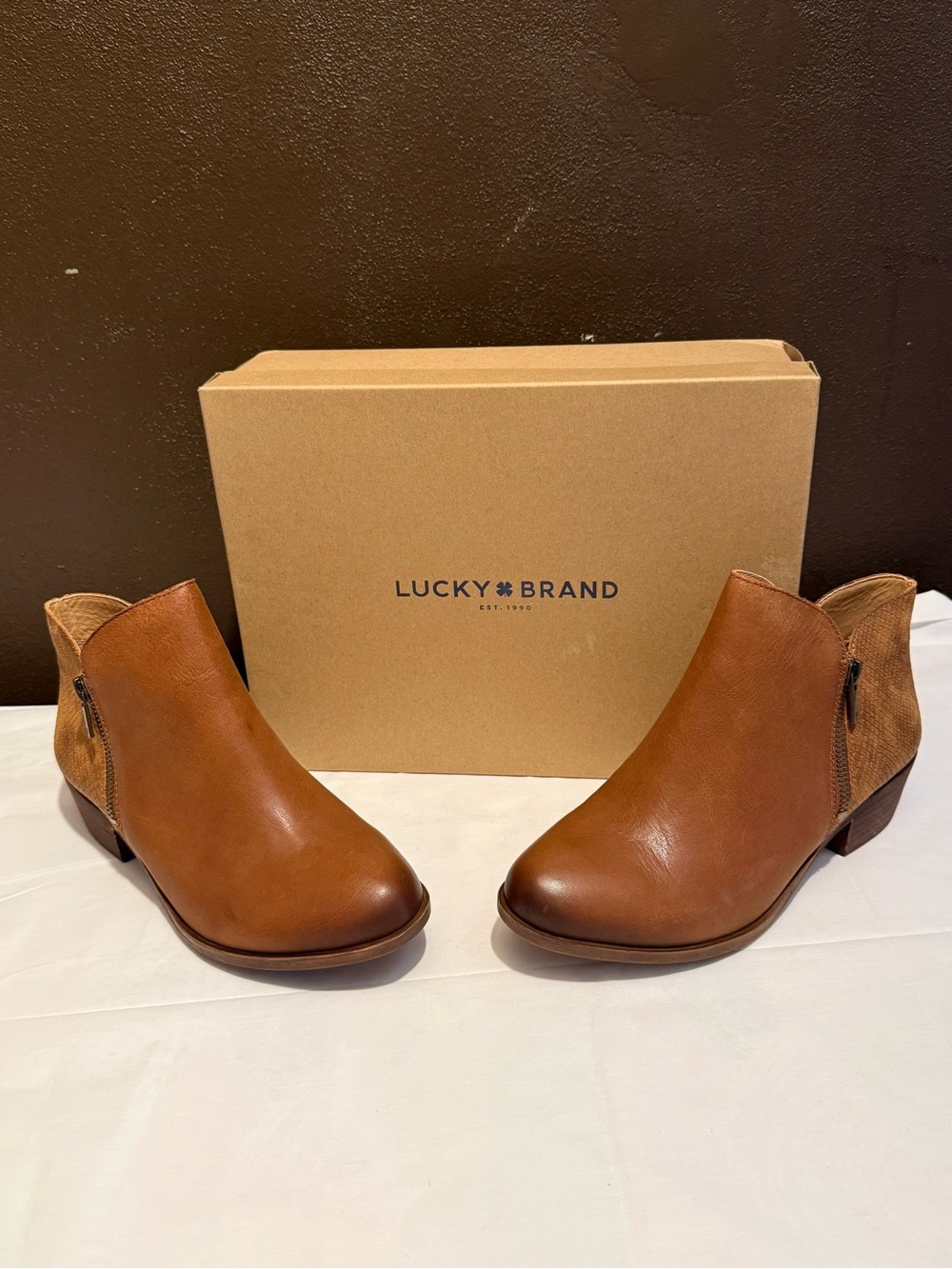 Lucky Brand Brown Leather Ankle Booties with Textured Heel